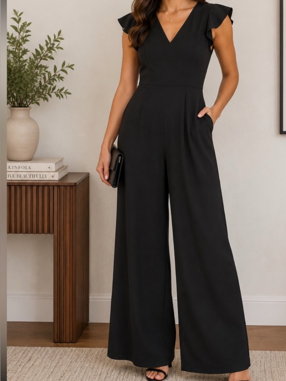 DKNY Black Wide-Leg Jumpsuit with V neck Ruffle Sleeves & hidden pockets- NWT